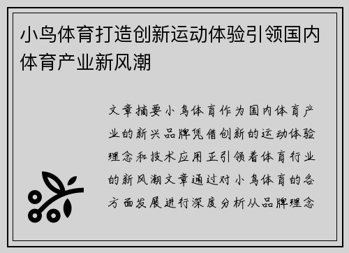 小鸟体育打造创新运动体验引领国内体育产业新风潮